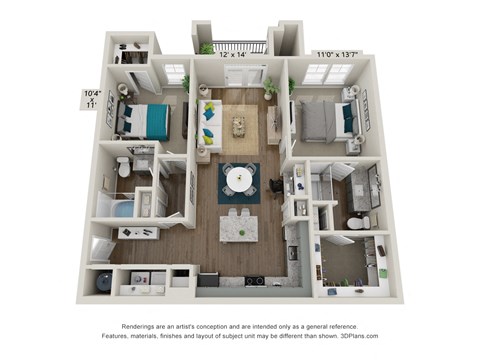 a 3d furnished floor plan of a 1 bedroom apartment